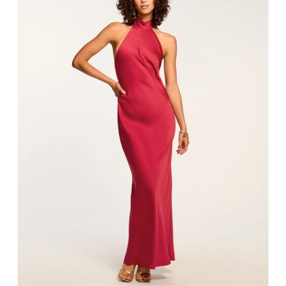 Ramy Brook $645 Tatiana Red Satin Halter Maxi Dress Bow Backless Gown Sz 6 NEW - Picture 2 of 10